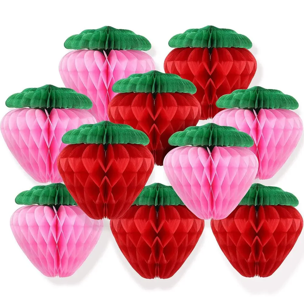 9 Pcs, 6 Inch Strawberry Party Decorations Red Pink Tissue Pom Poms